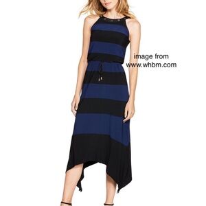 WHBM Color Block Midi Halter Dress Shark Bite Hem PS SP Petite Black Blue $149